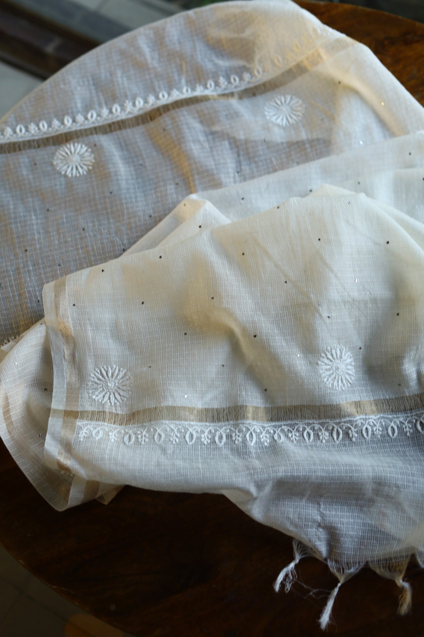 Kota Chikankari Mukaish Kamdani Dupatta With Tissue Border