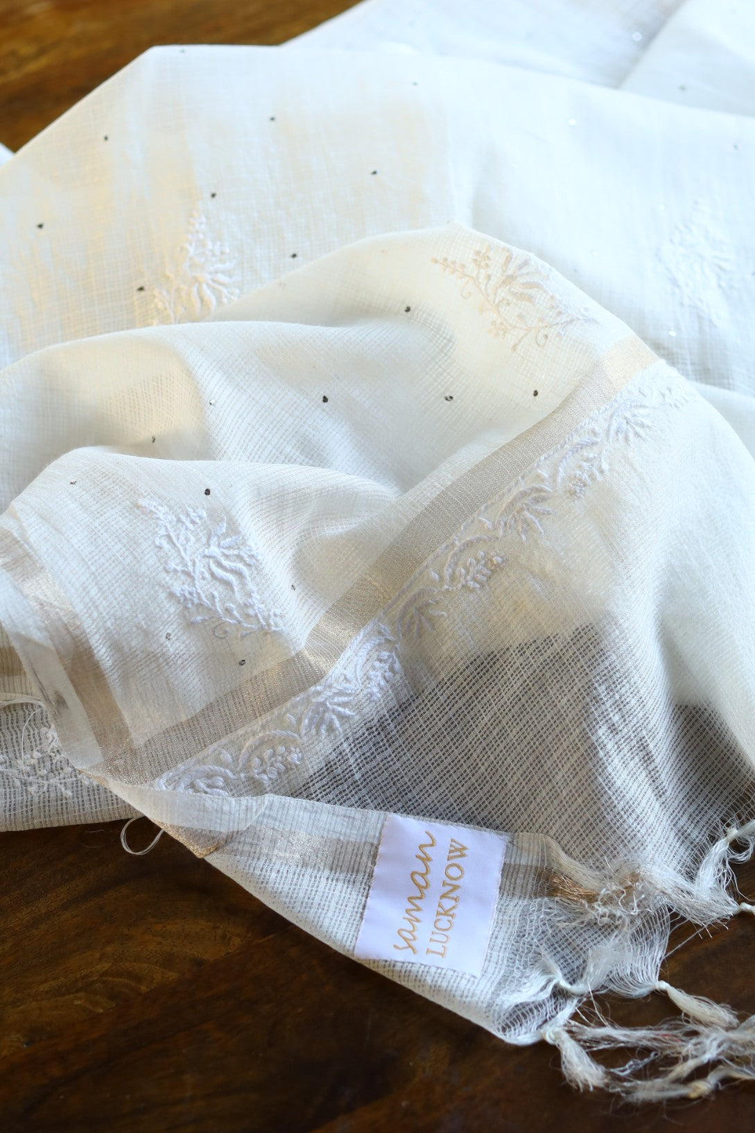Kota White Chikankari Mukaish Kamdani Dupatta With Tissue Border