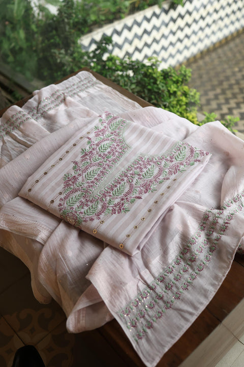 Lavender Grey Mal Chanderi Chikankari With Mukaish Ring Line Unstitched Fabric