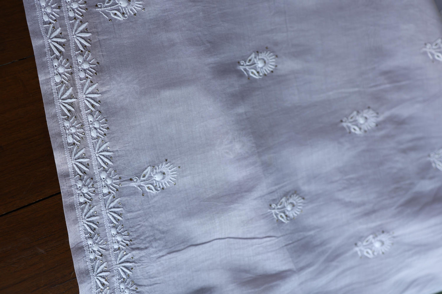 Lavender Grey Shade Mal Cotton Fine Chikankari Unstitched Fabric