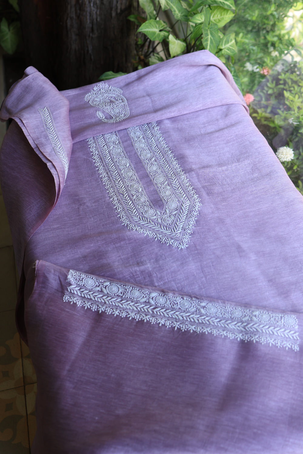 Lavender Linen Chikankari Unstitched Men's Kurtas Fabric