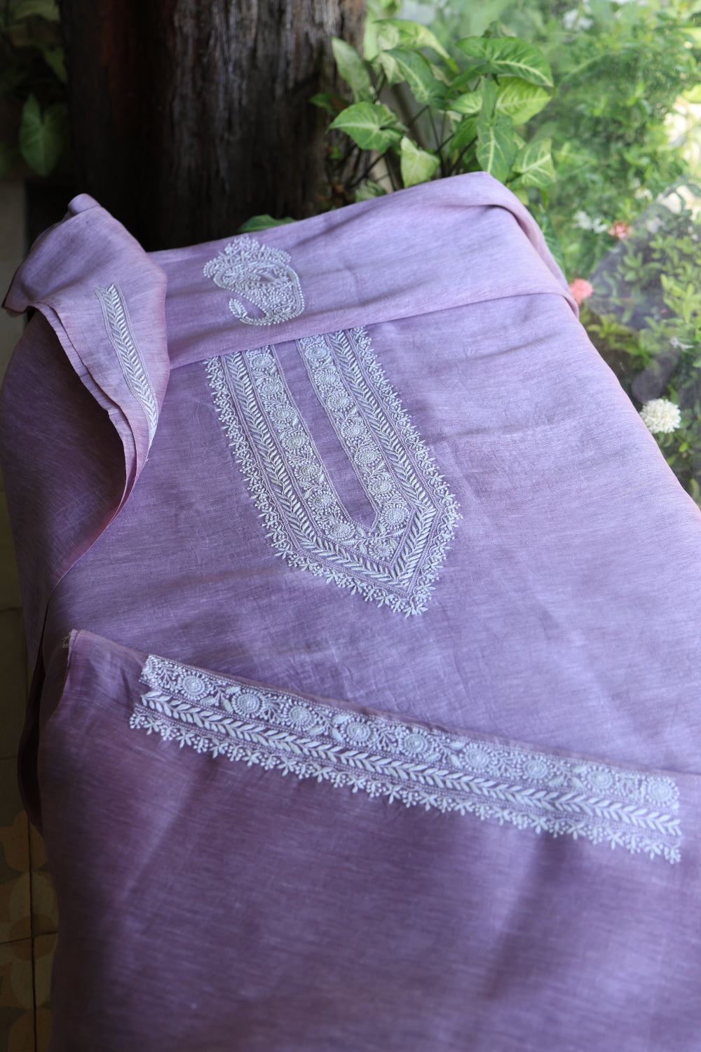 Lavender Linen Chikankari Unstitched Men's Kurtas Fabric