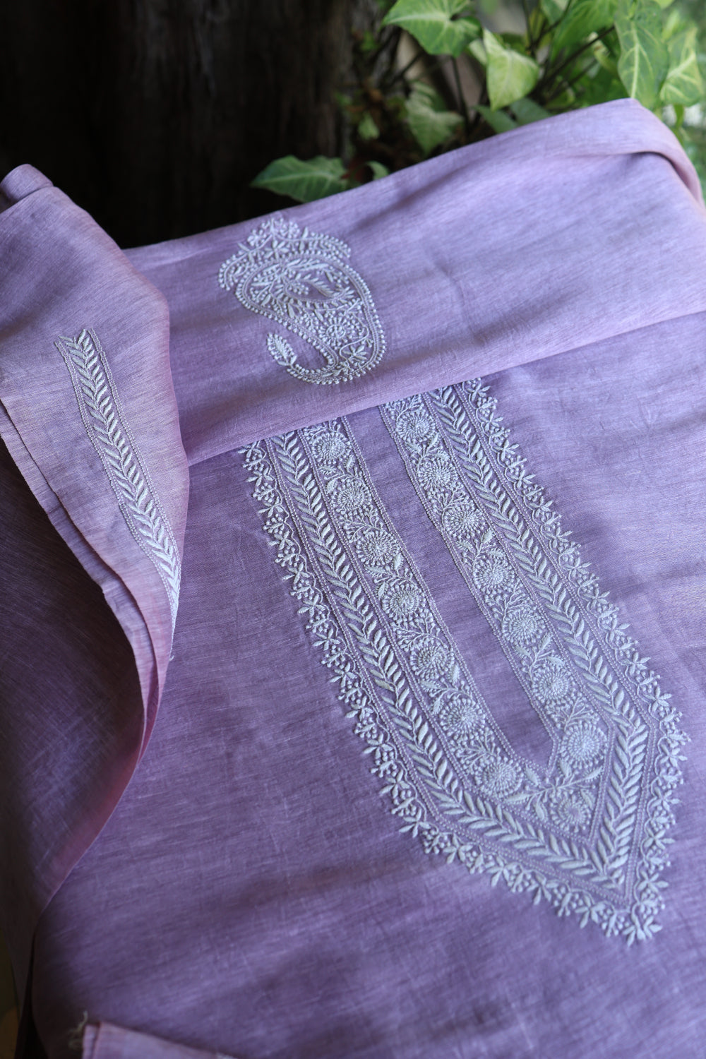 Lavender Linen Chikankari Unstitched Men's Kurtas Fabric