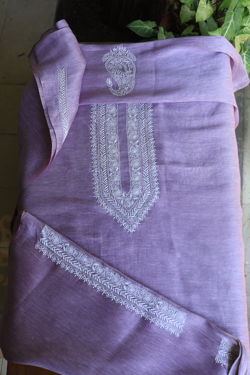 Lavender Linen Chikankari Unstitched Men's Kurtas Fabric