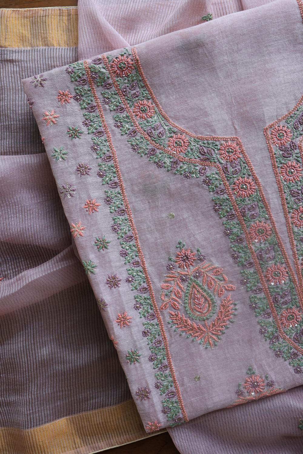 Lavender Linen Silk Chikankari With Ari Work Unstitched Kurta Dupatta Set