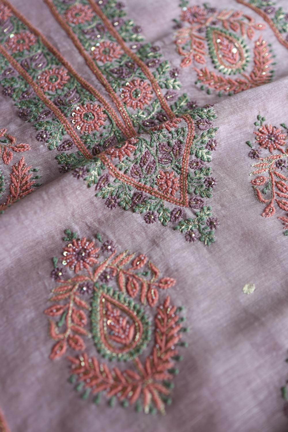 Lavender Linen Silk Chikankari With Ari Work Unstitched Kurta Dupatta Set