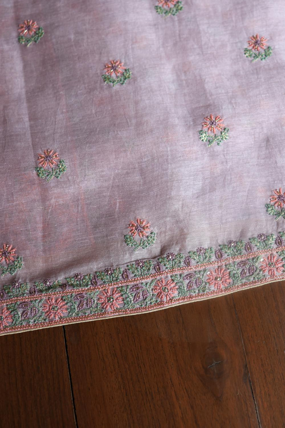 Lavender Linen Silk Chikankari With Ari Work Unstitched Kurta Dupatta Set