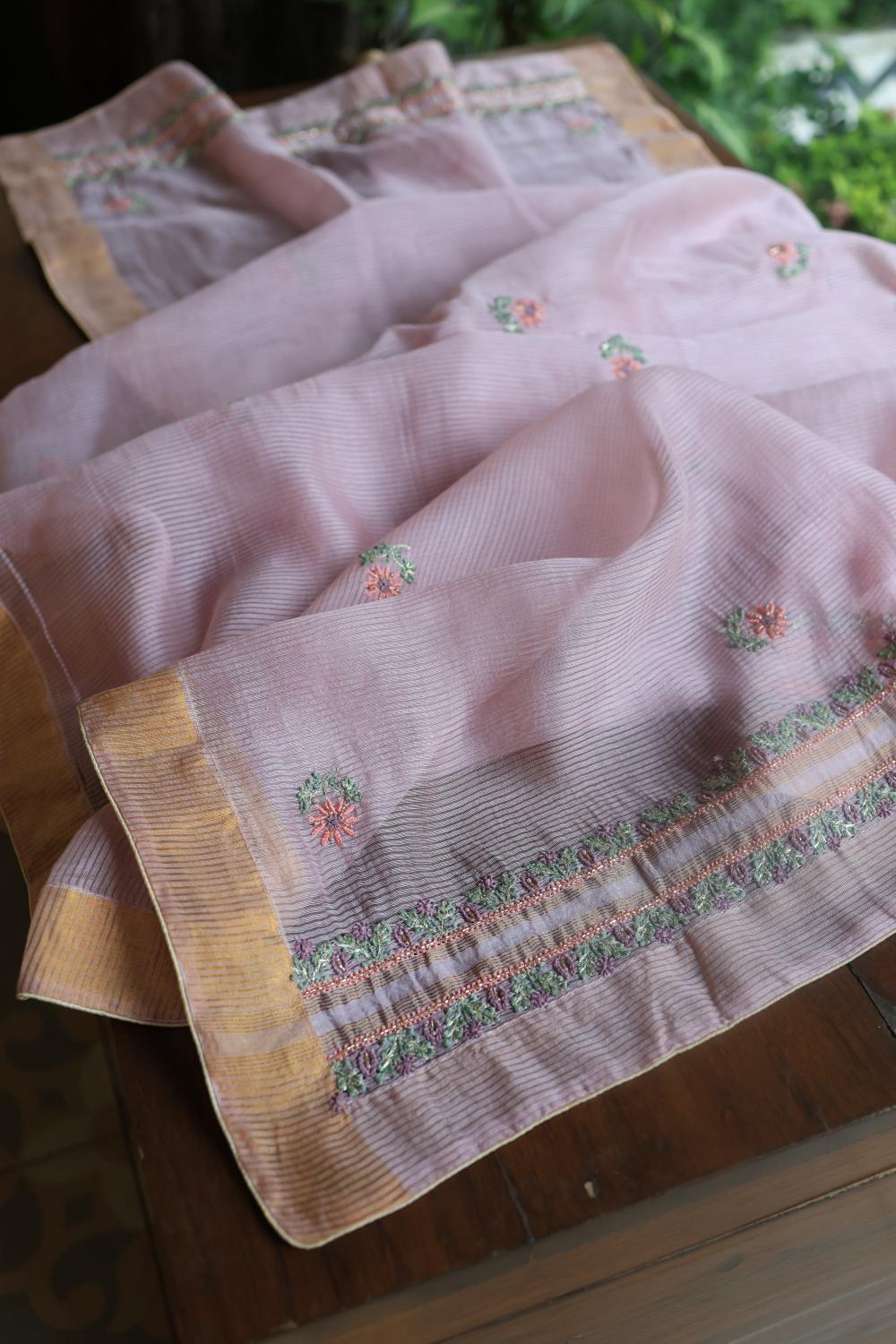 Lavender Linen Silk Chikankari With Ari Work Unstitched Kurta Dupatta Set