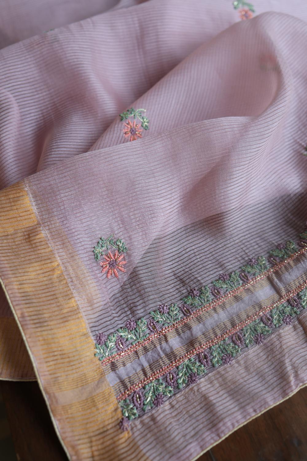 Lavender Linen Silk Chikankari With Ari Work Unstitched Kurta Dupatta Set