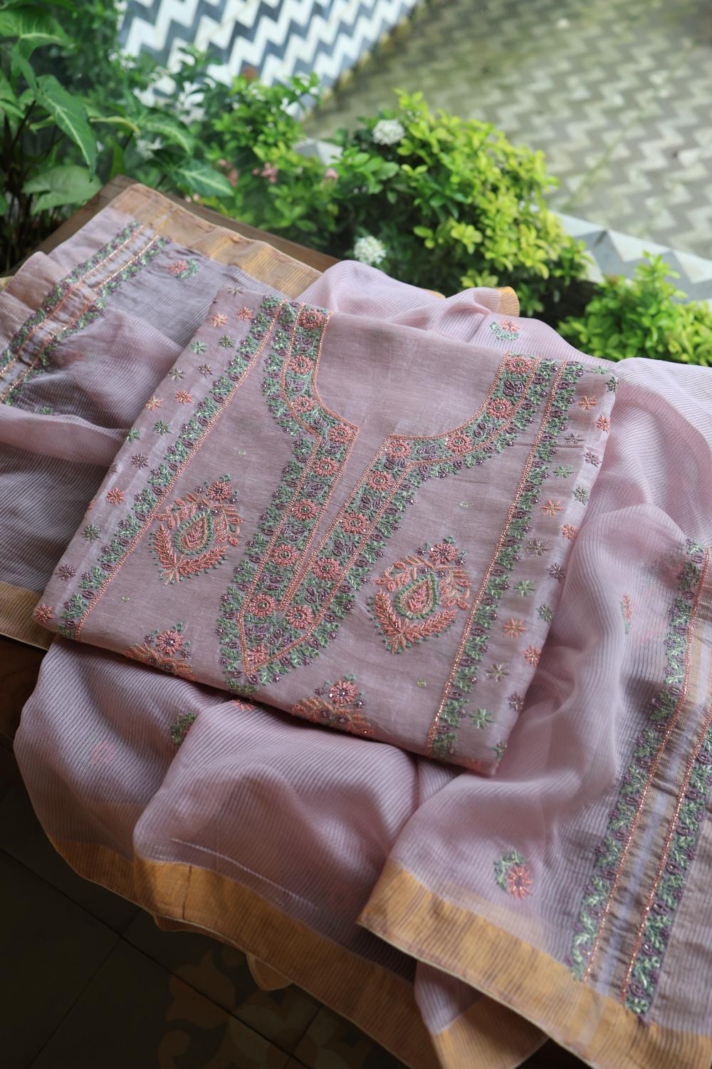 Lavender Linen Silk Chikankari With Ari Work Unstitched Kurta Dupatta Set