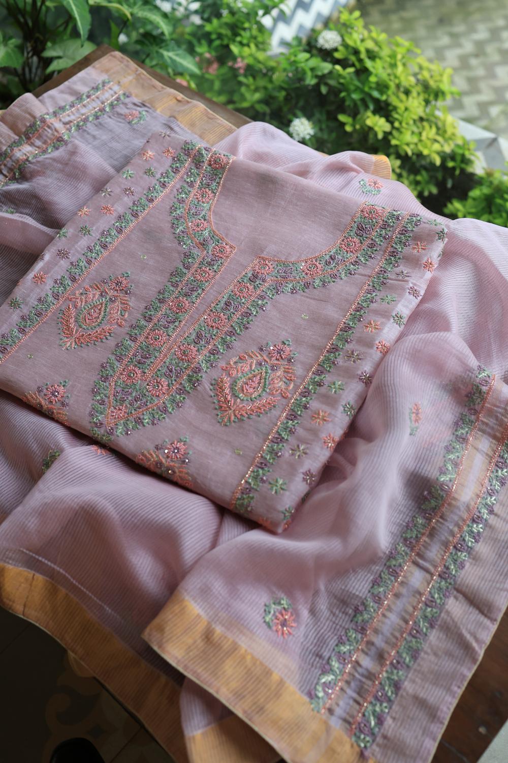 Lavender Linen Silk Chikankari With Ari Work Unstitched Kurta Dupatta Set