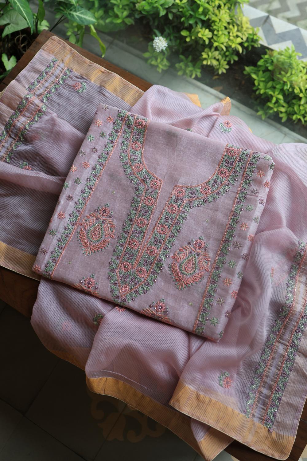 Lavender Linen Silk Chikankari With Ari Work Unstitched Kurta Dupatta Set