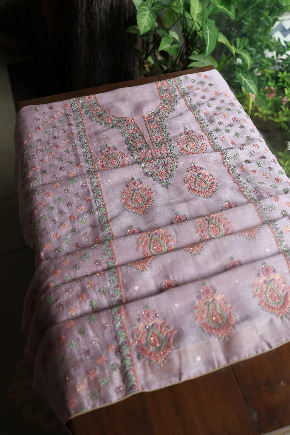 Lavender Linen Silk Chikankari With Ari Work Unstitched Kurta Dupatta Set