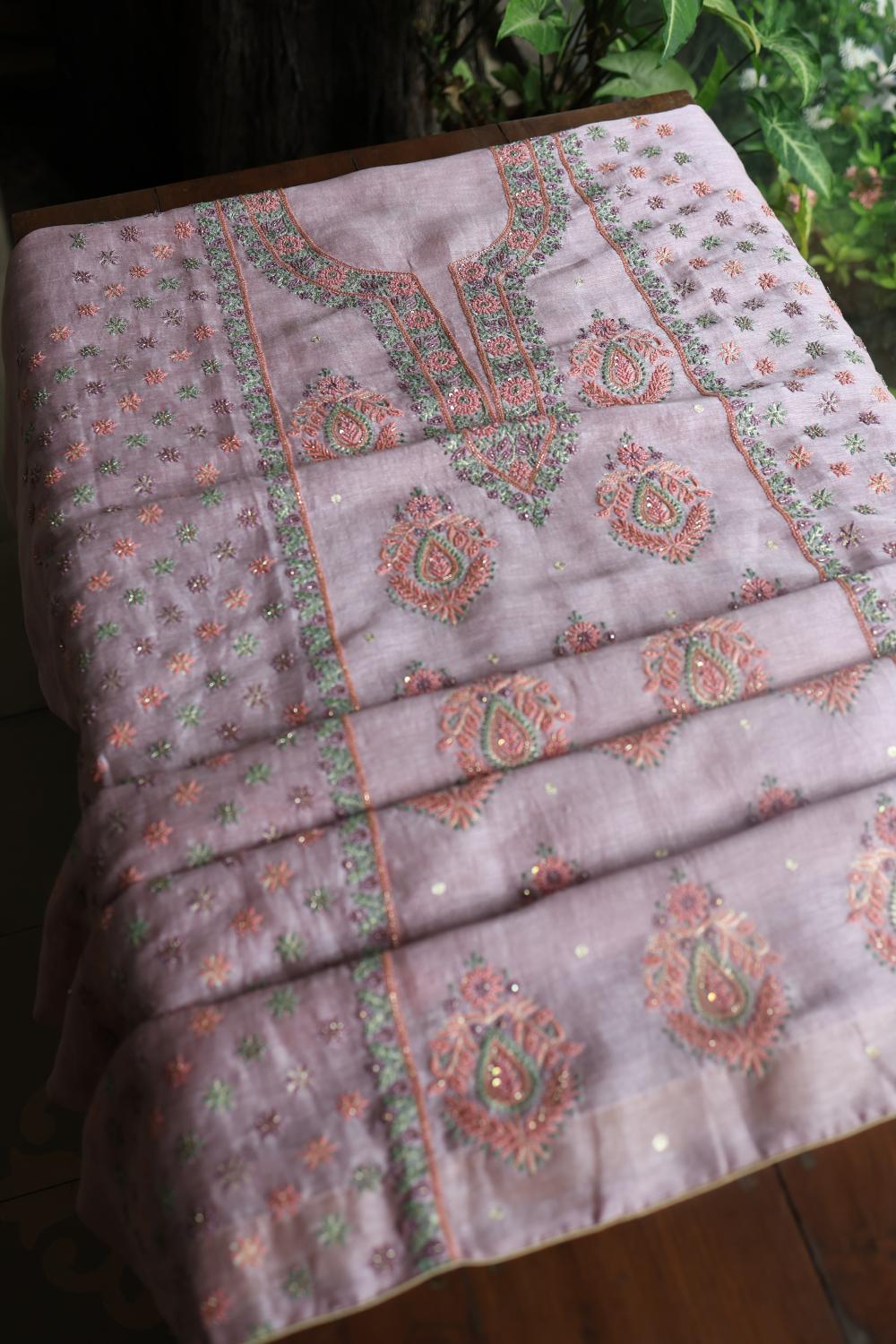 Lavender Linen Silk Chikankari With Ari Work Unstitched Kurta Dupatta Set