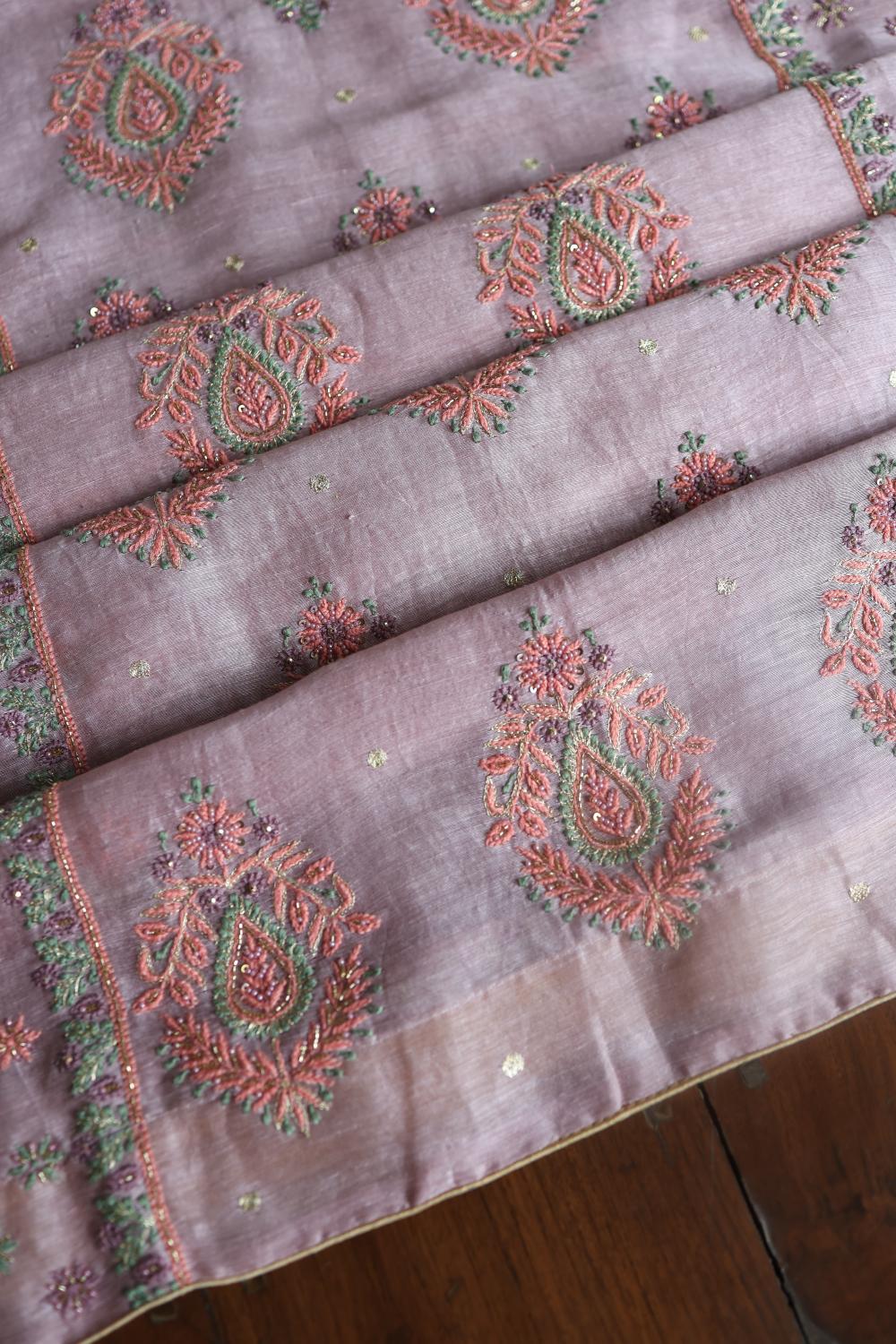 Lavender Linen Silk Chikankari With Ari Work Unstitched Kurta Dupatta Set