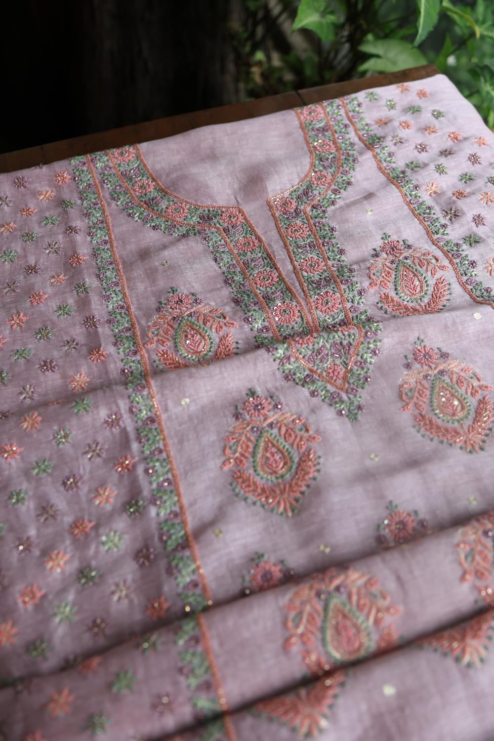 Lavender Linen Silk Chikankari With Ari Work Unstitched Kurta Dupatta Set