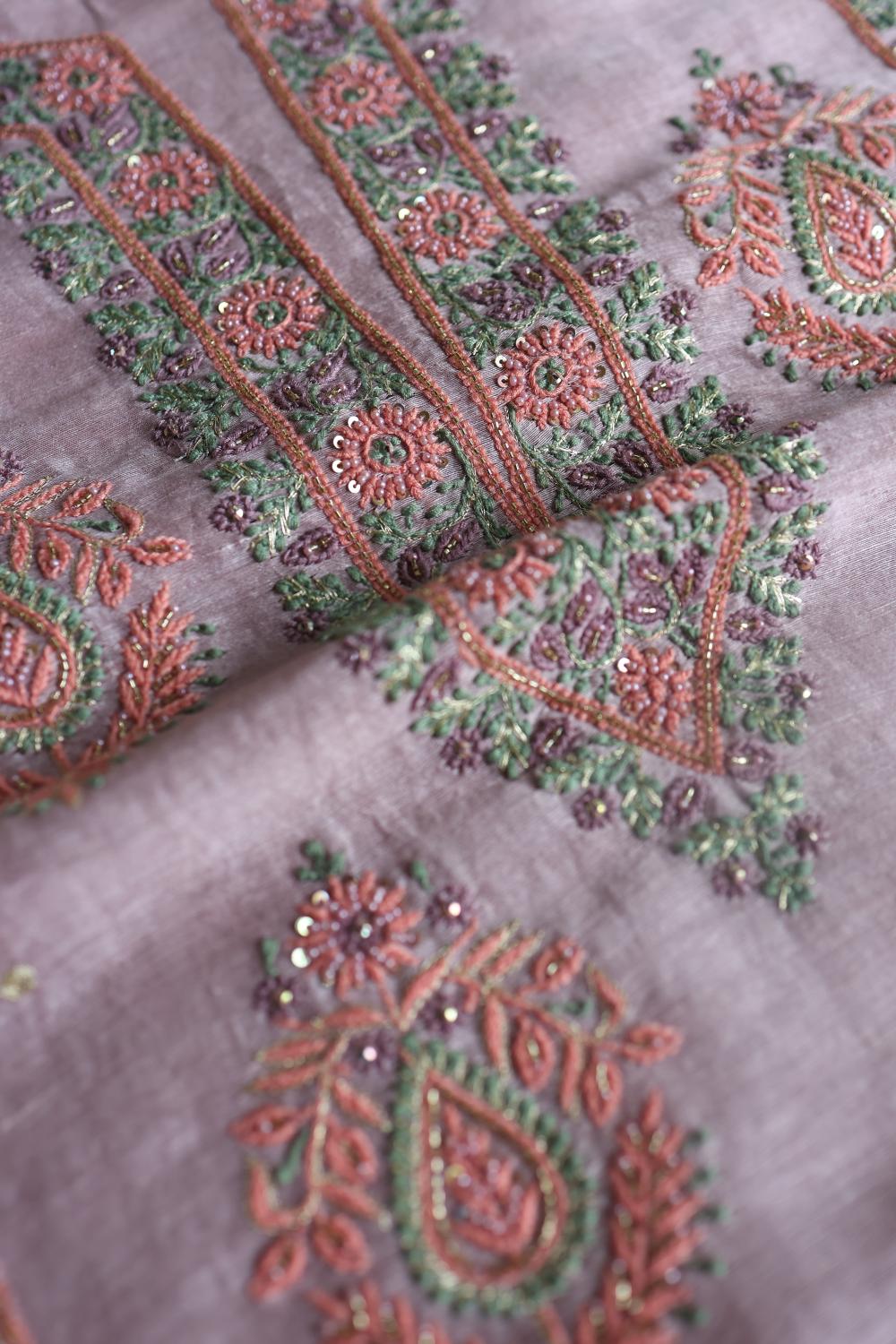 Lavender Linen Silk Chikankari With Ari Work Unstitched Kurta Dupatta Set