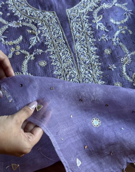 Lavender Mirror work Tussar Kota Chikankari Kurta set fabric