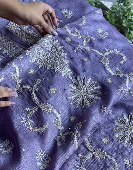 Lavender Mirror work Tussar Kota Chikankari Kurta set fabric