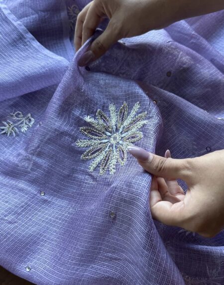 Lavender Mirror work Tussar Kota Chikankari Kurta set fabric