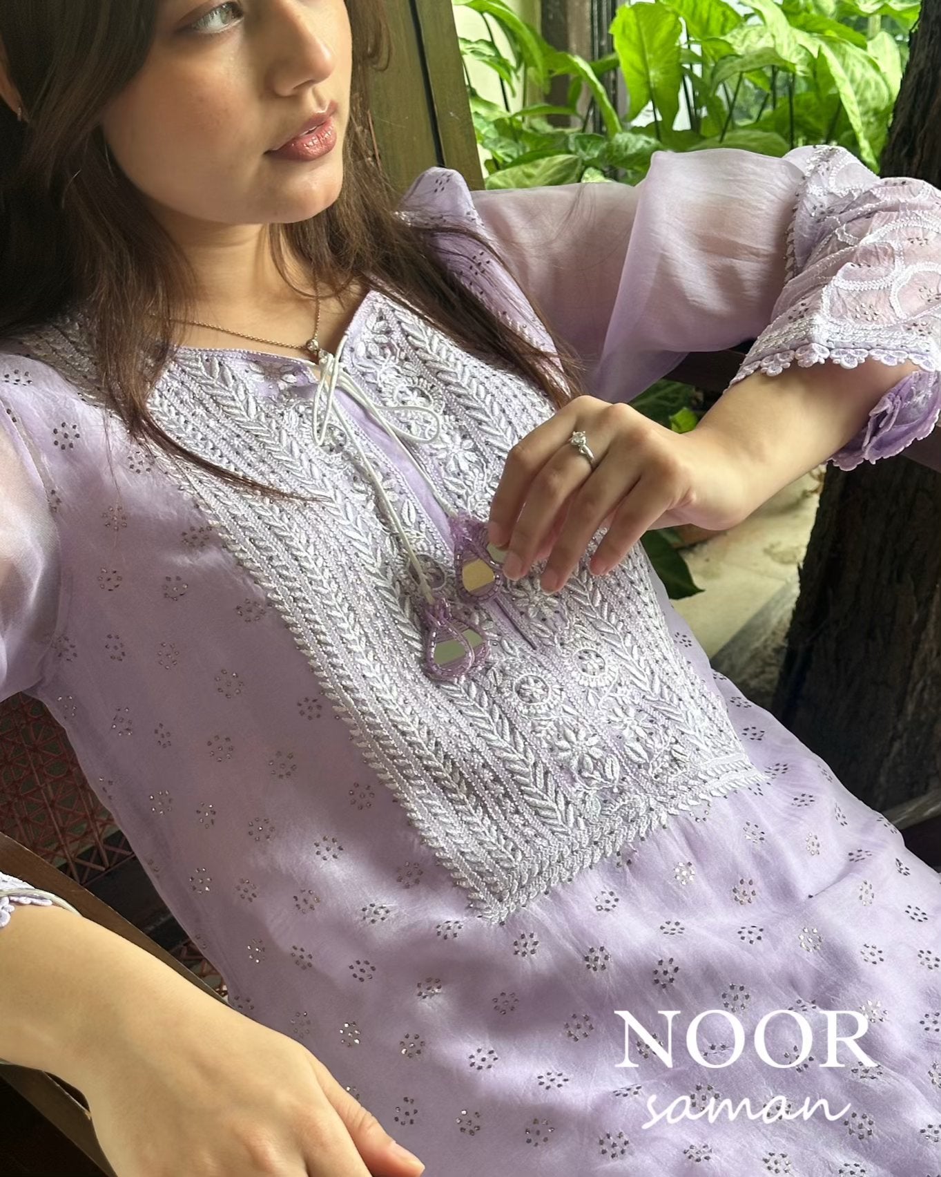 Lavender Noor Organza Mukaish Kamdani Chikankari Kurta Set