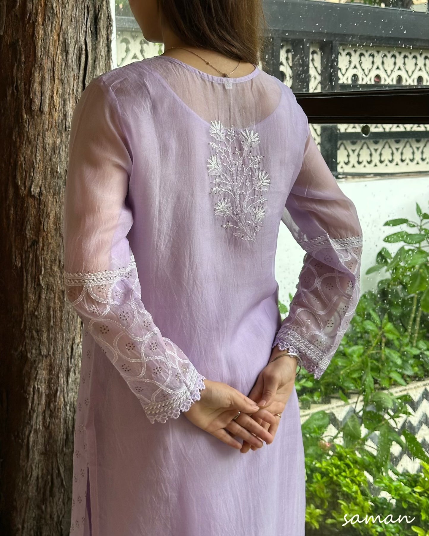 Lavender Noor Organza Mukaish Kamdani Chikankari Kurta Set