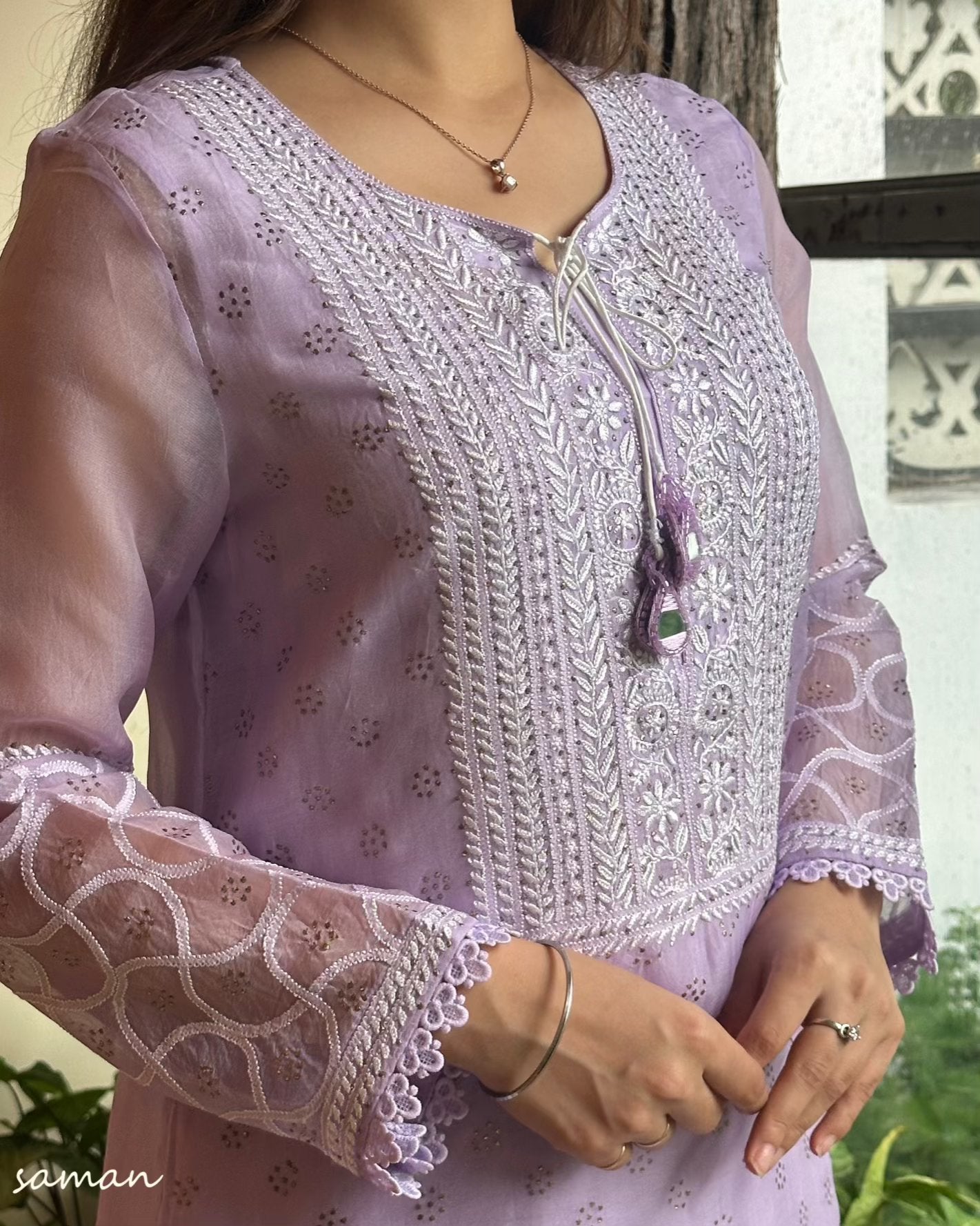 Lavender Noor Organza Mukaish Kamdani Chikankari Kurta Set