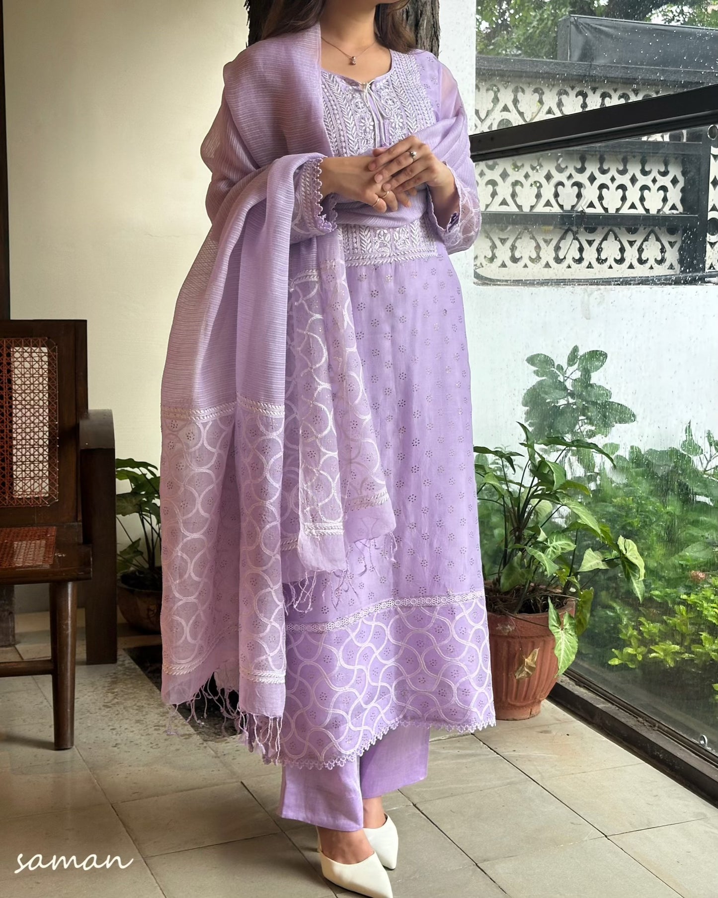 Lavender Noor Organza Mukaish Kamdani Chikankari Kurta Set