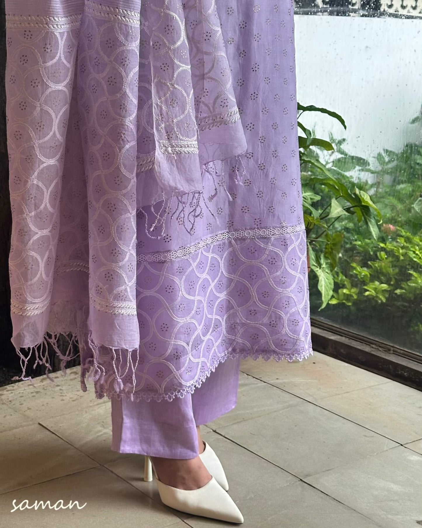Lavender Noor Organza Mukaish Kamdani Chikankari Kurta Set