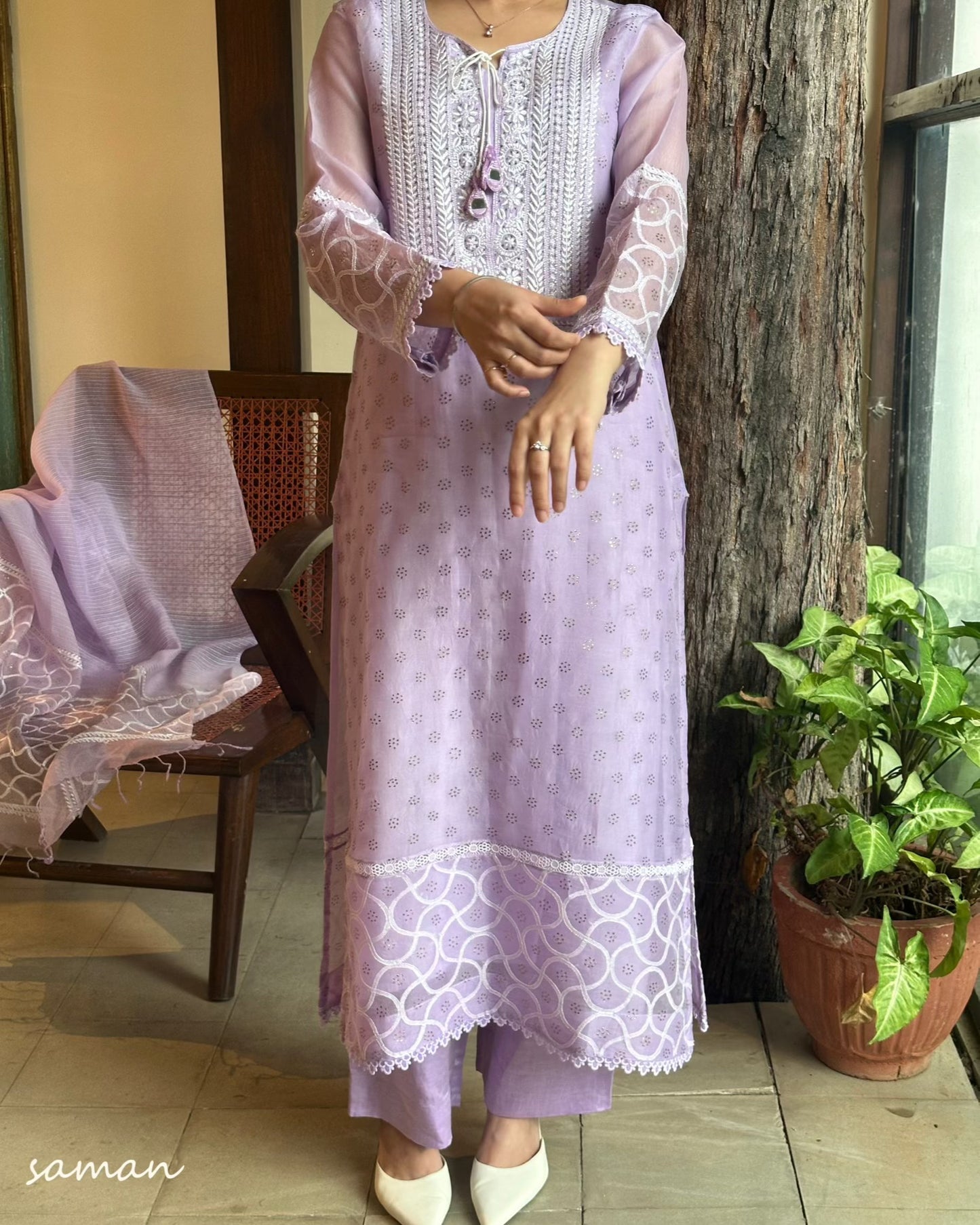 Lavender Noor Organza Mukaish Kamdani Chikankari Kurta Set
