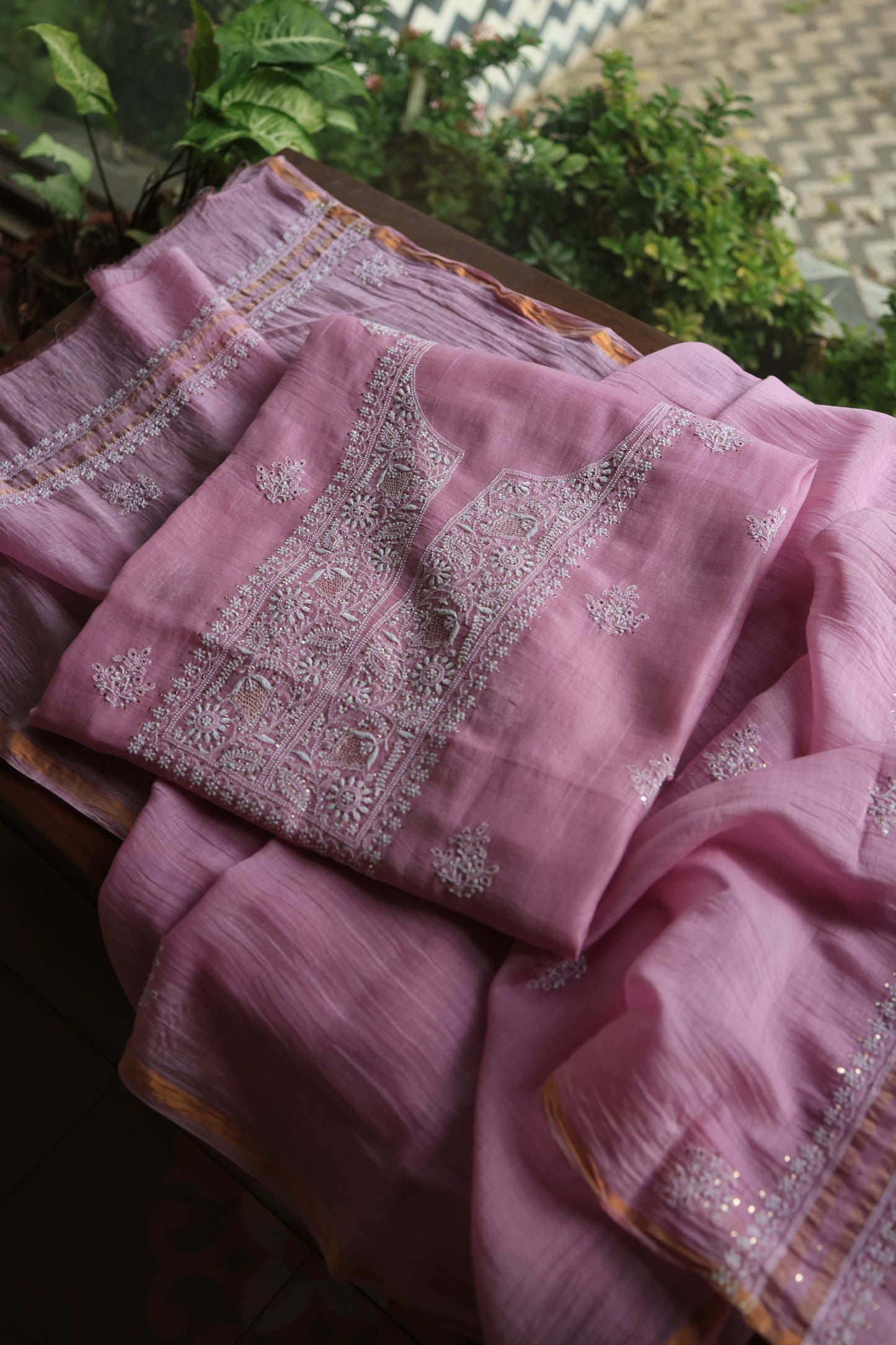 Lavender Pink  Mal Cotton Chikankari Unstitched Kurta Dupatta Fabrics With Kamdani