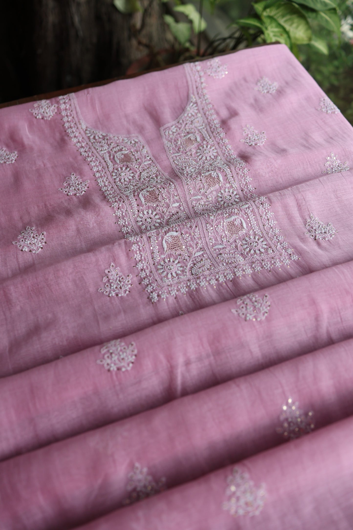 Lavender Pink  Mal Cotton Chikankari Unstitched Kurta Dupatta Fabrics With Kamdani