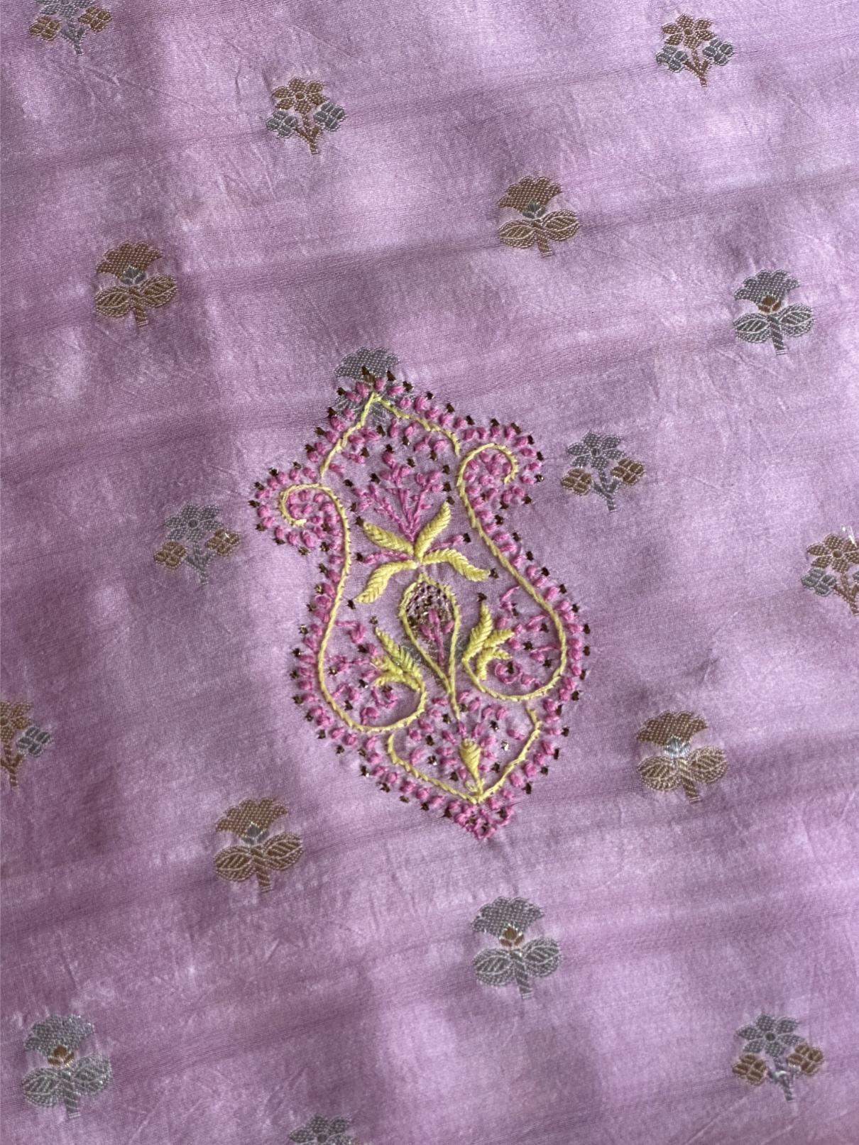 Lavender Pink Shade Zari Booti Fine Chikankari With Kamdani Work Unstitched Fabric