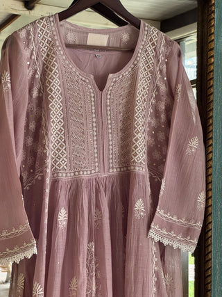 Lavender Shade Malmal Tux Chikankari Kamdani Dress Kurta Set