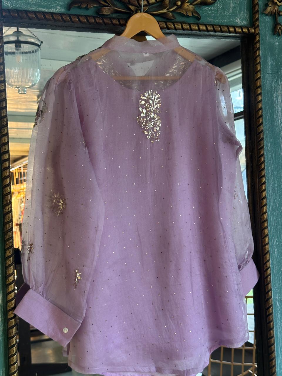 Lavender Shade Noor Organza Mukaish Badla Short Top With Bow Tie