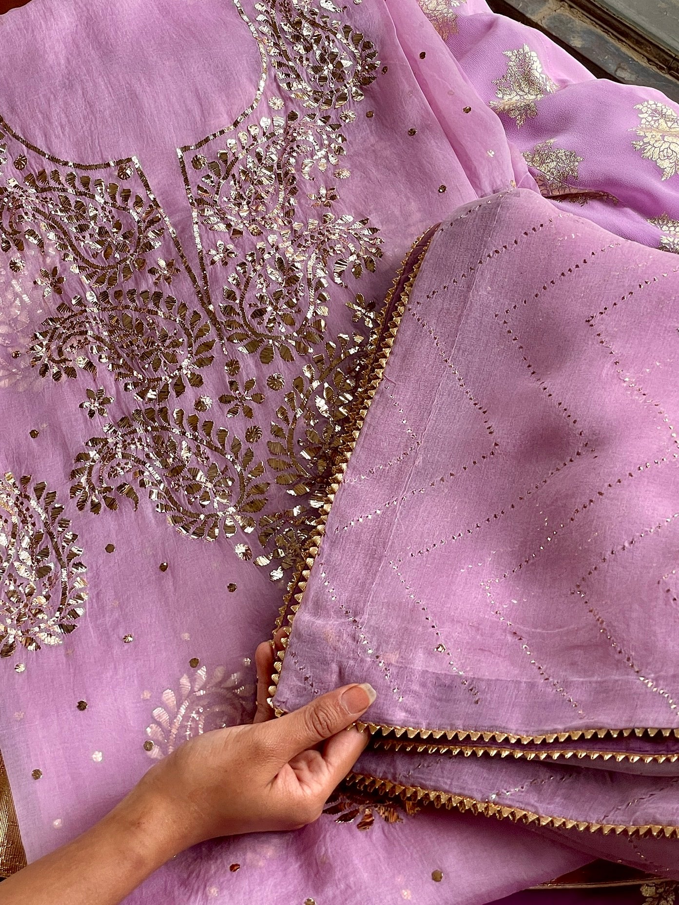 Lavender & Violet Ombre Foil Print Organza Chikankari Ready to Wear Sharara Set