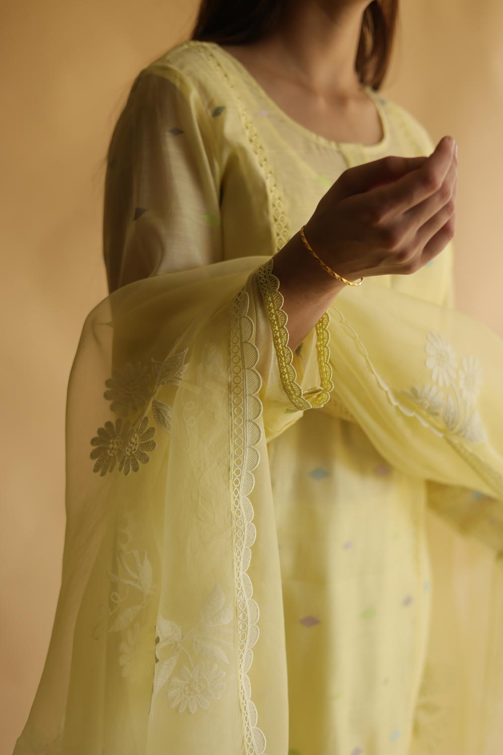 Lemon Yellow Jamdani X Chikankari Ready To Wear Kurta Dupatta Set