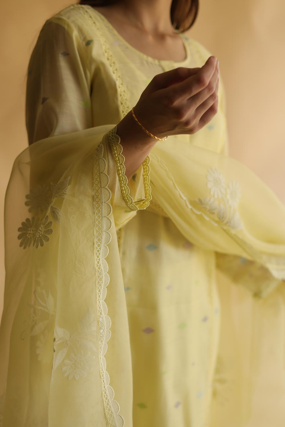 Lemon Yellow Jamdani X Chikankari Ready To Wear Kurta Dupatta Set