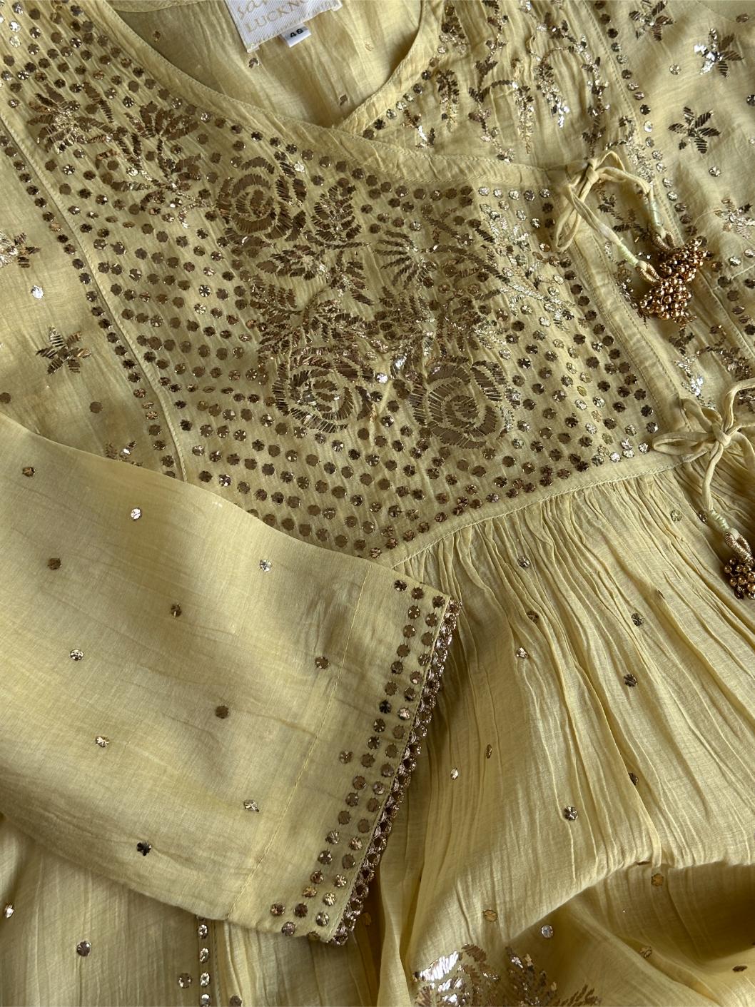 Lemon Yellow Shade Mukaish Kamdani Mul Chanderi Angarkha