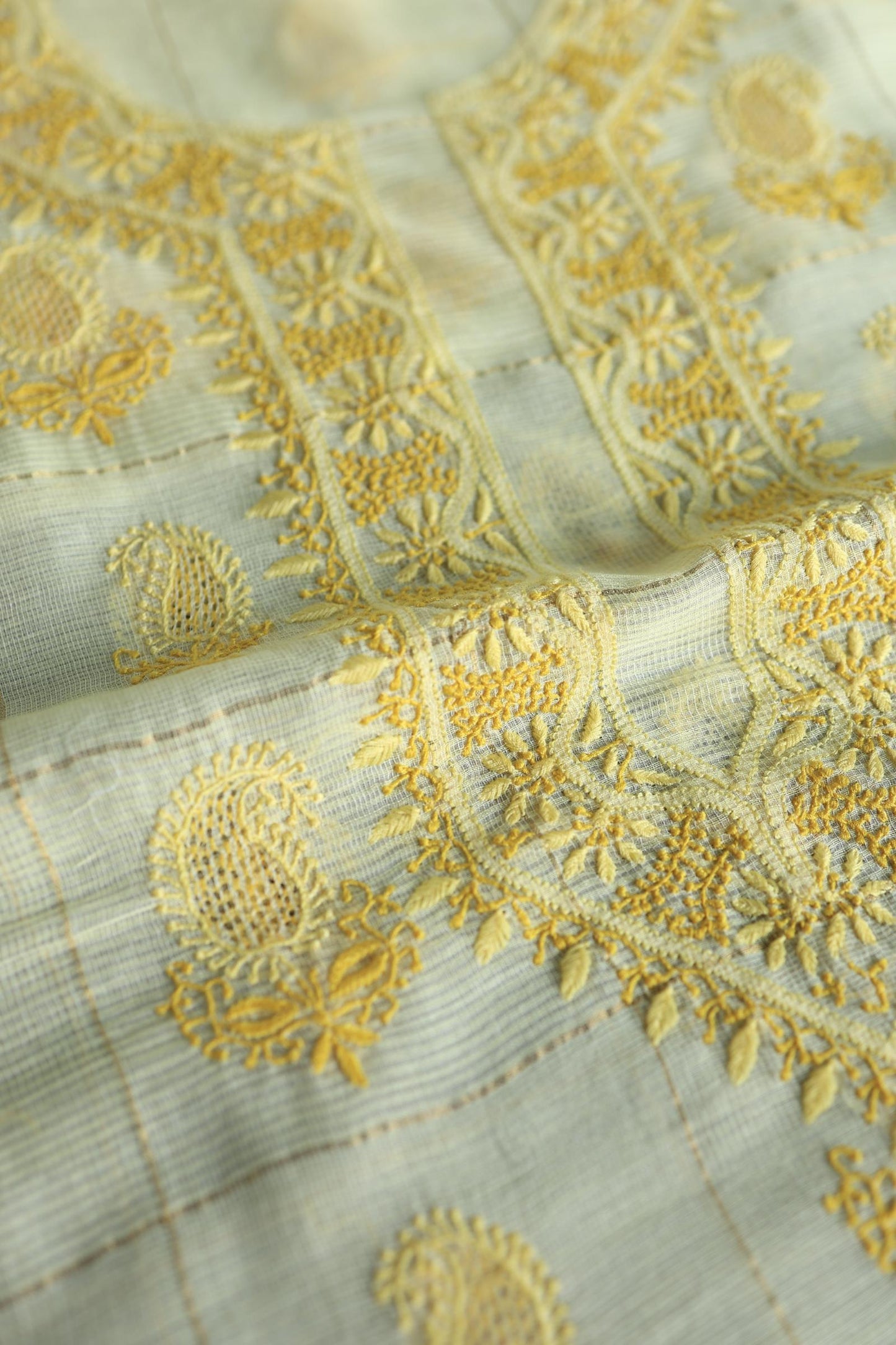 Lemon Yellow Shade Tissue Zari Kota Chikankari Unstitched Fabric
