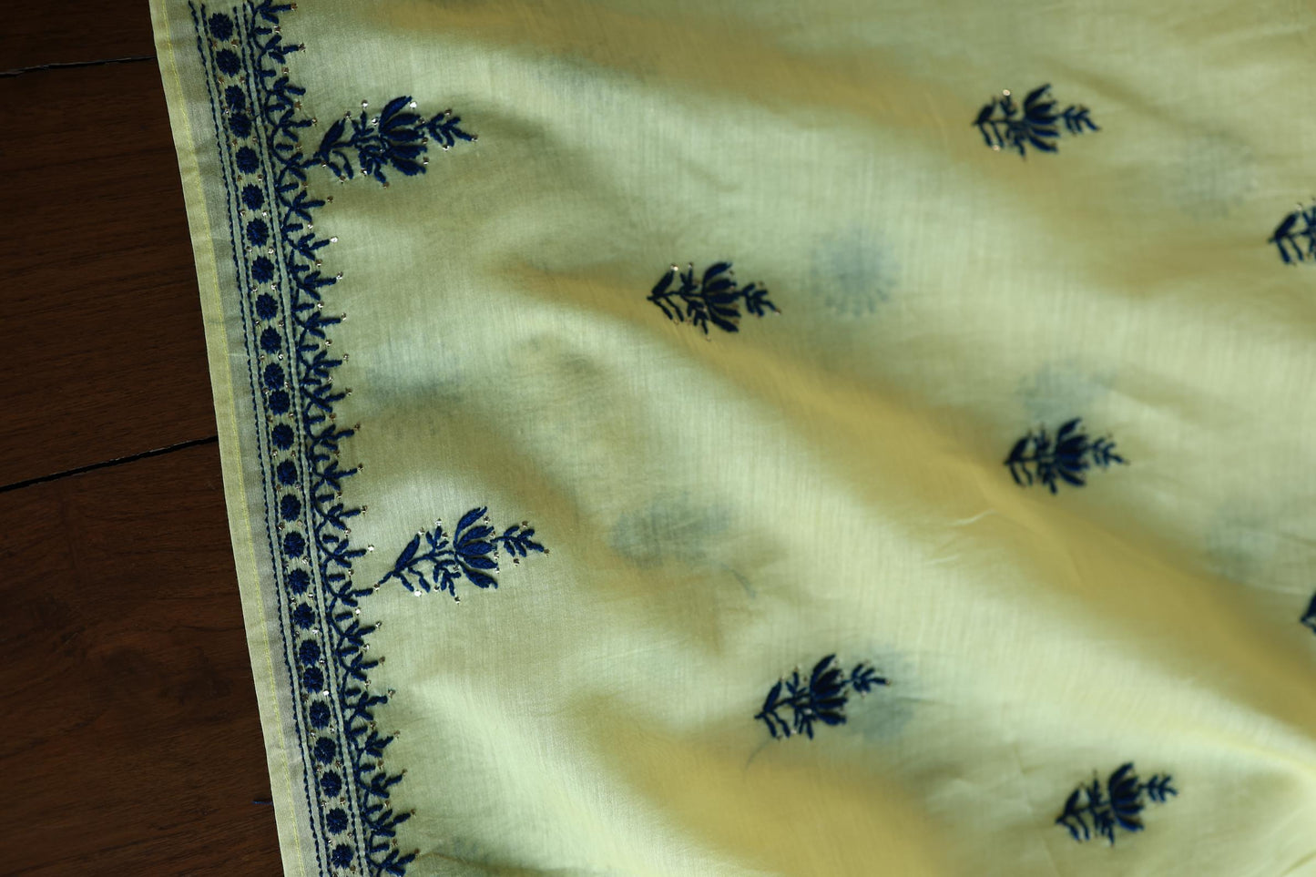 Lemon & Navy Blue Shade Mal Cotton Chikankari Unstitched Kurta Dupatta Fabrics With Kamdani