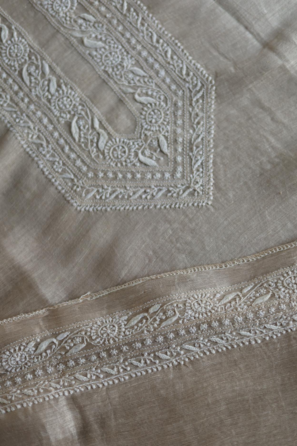 Light Beige Linen Chikankari Unstitched Men's Kurtas Fabric