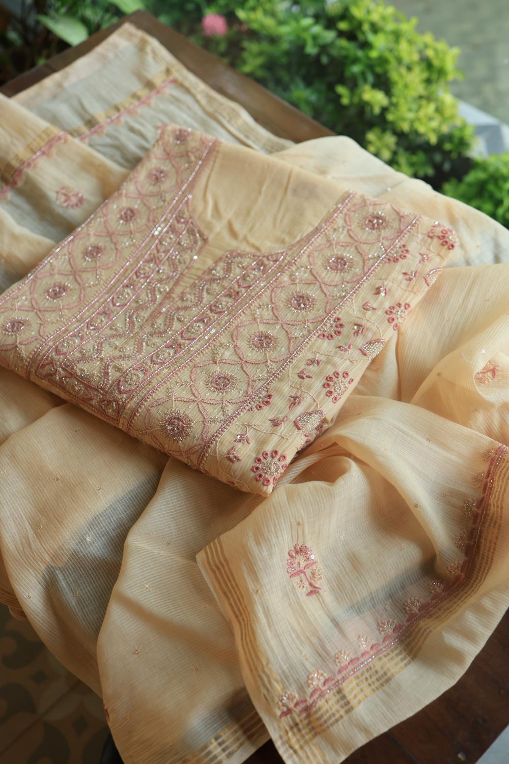 Light Beige Mal Chanderi Silk Chikankari With Sequins Unstitched Kurta Dupatta Set
