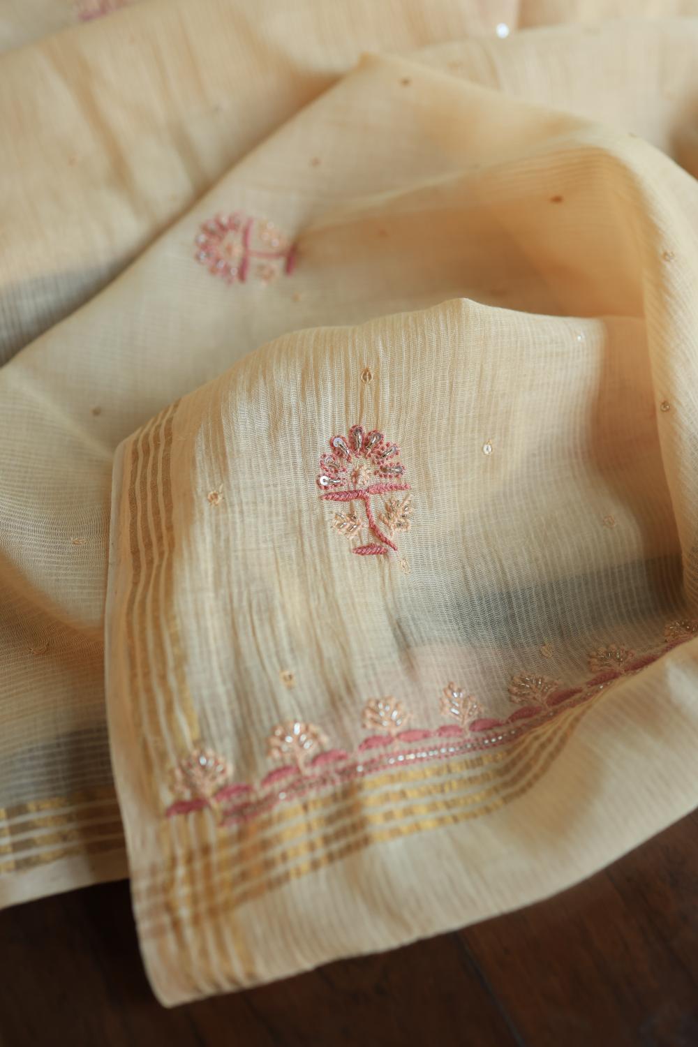 Light Beige Mal Chanderi Silk Chikankari With Sequins Unstitched Kurta Dupatta Set