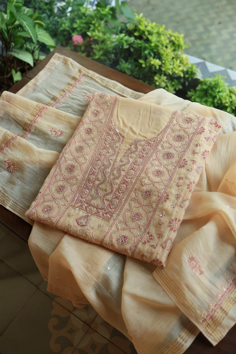 Light Beige Mal Chanderi Silk Chikankari With Sequins Unstitched Kurta Dupatta Set