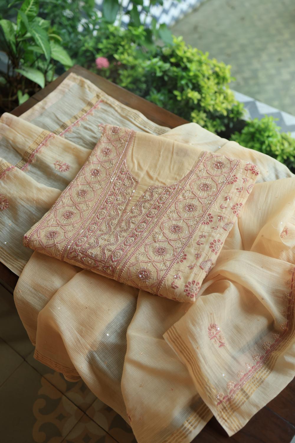 Light Beige Mal Chanderi Silk Chikankari With Sequins Unstitched Kurta Dupatta Set