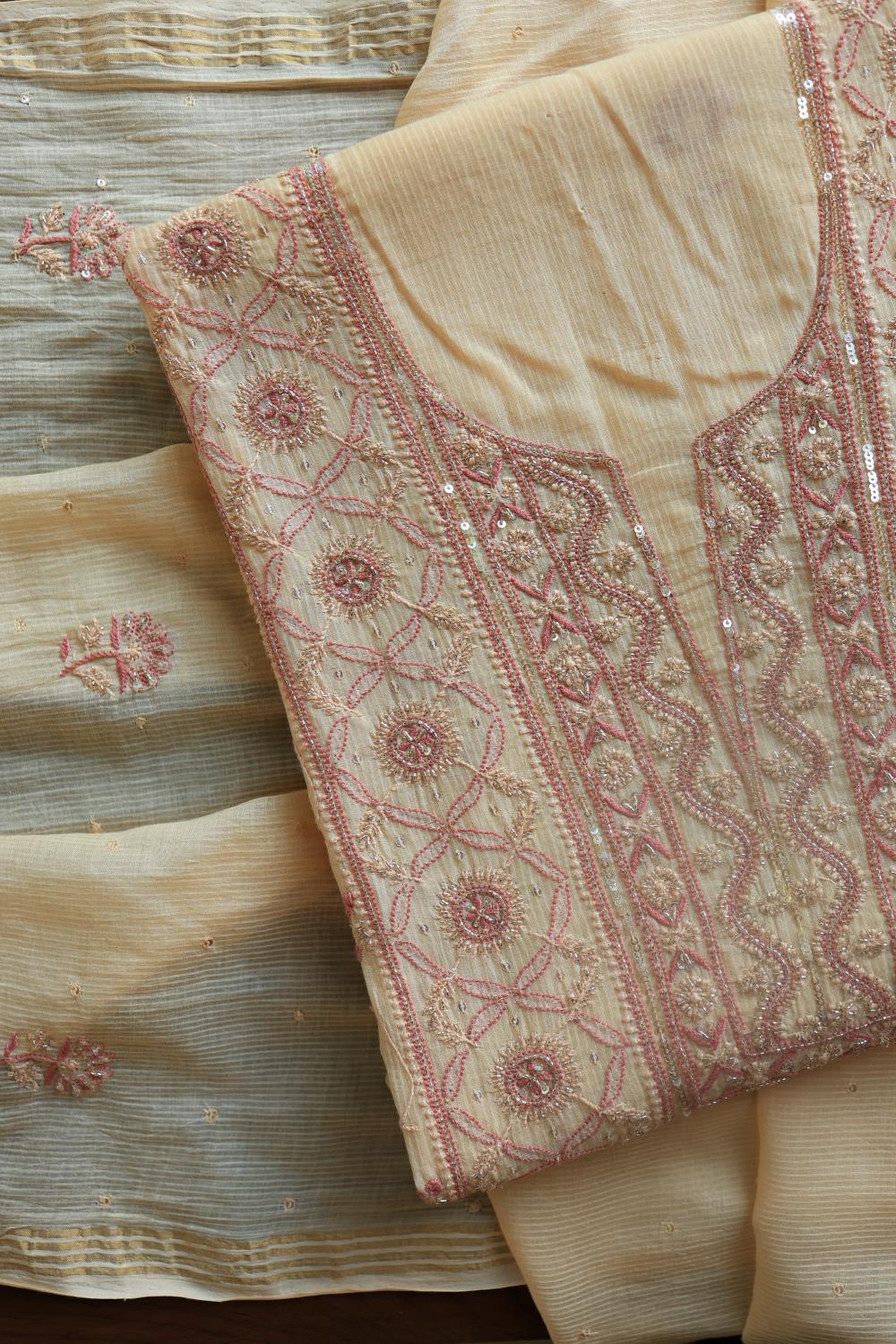 Light Beige Mal Chanderi Silk Chikankari With Sequins Unstitched Kurta Dupatta Set