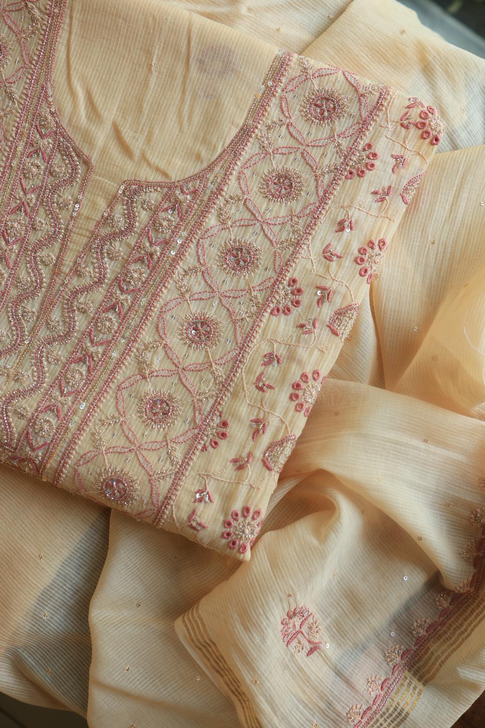Light Beige Mal Chanderi Silk Chikankari With Sequins Unstitched Kurta Dupatta Set