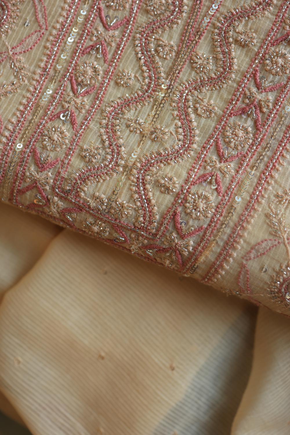 Light Beige Mal Chanderi Silk Chikankari With Sequins Unstitched Kurta Dupatta Set