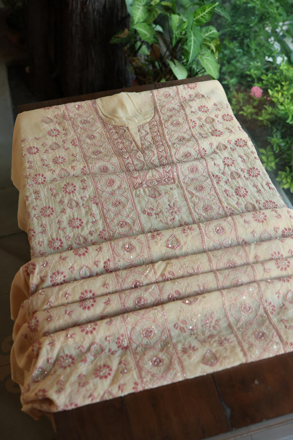 Light Beige Mal Chanderi Silk Chikankari With Sequins Unstitched Kurta Dupatta Set